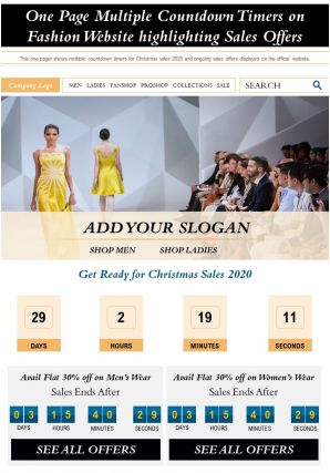 One page multiple countdown timers on fashion website highlighting sales offers report infographic ppt pdf document