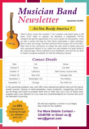 One Page Music Band Concert Newsletter Presentation Report Infographic Ppt Pdf Document