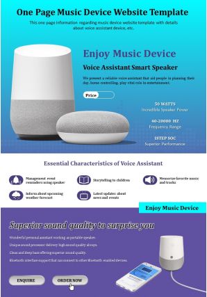 One page music device website template presentation report infographic ppt pdf document