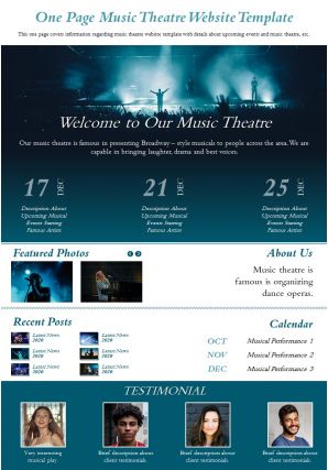 One page music theatre website template presentation report infographic ppt pdf document