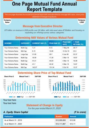 One page mutual funds annual report template presentation report infographic ppt pdf document