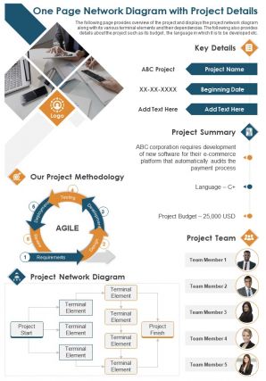 One page network diagram with project details presentation report infographic ppt pdf document