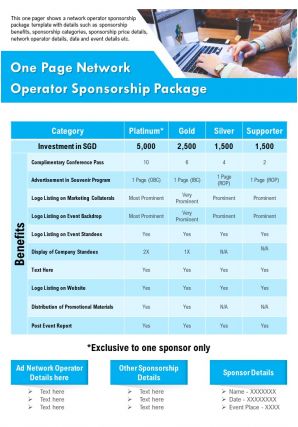 One page network operator sponsorship package presentation report infographic ppt pdf document
