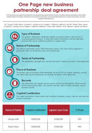 One Page New Business Partnership Deal Agreement Presentation Report Infographic PPT PDF Document