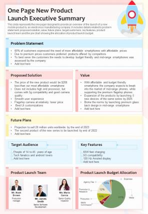 One Page New Product Launch Executive Summary Presentation Report Infographic PPT PDF Document