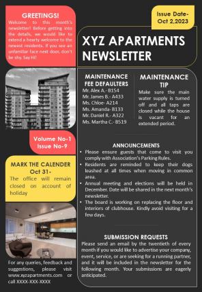 One Page Newsletter Templates For Apartments Presentation Report Infographic Ppt Pdf Document