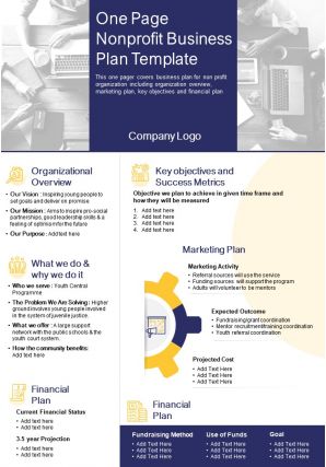One page nonprofit businesss plan template presentation report infographic ppt pdf document