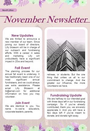 One Page November Newsletter Template Presentation Report Infographic Ppt Pdf Document