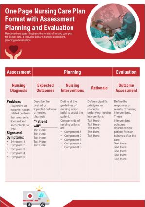 One page nursing care plan format with assessment planning and evaluation report infographic ppt pdf document