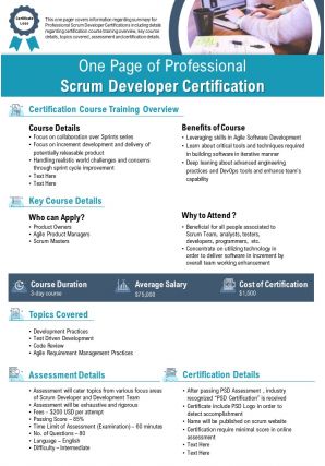 One page of professional scrum developer certification presentation report ppt pdf document