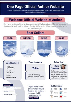 One page official author website presentation report infographic ppt pdf document