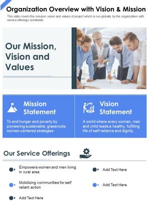 One page organization overview with vision and mission presentation report infographic ppt pdf document