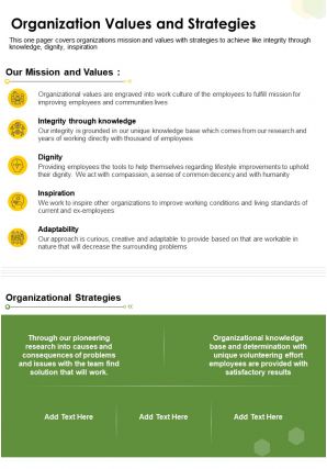 One page organization values and strategies presentation report infographic ppt pdf document
