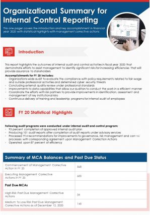 One page organizational summary for internal control reporting report infographic ppt pdf document