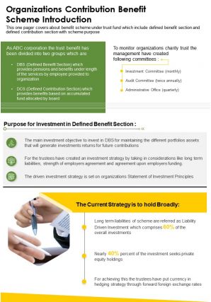 One page organizations contribution benefit scheme introduction presentation report infographic ppt pdf document