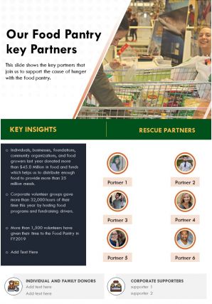 One page our food pantry key partners template 434 report infographic ppt pdf document