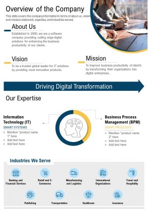 One page overview of the company template 381 presentation report infographic ppt pdf document