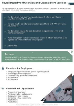 One page payroll department overview and organizations services presentation report infographic ppt pdf document