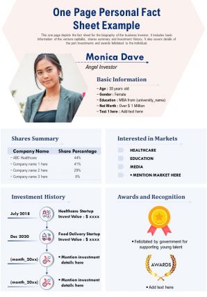 One page personal fact sheet example presentation report infographic ppt pdf document