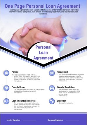 One page personal loan agreement presentation report infographic ppt pdf document