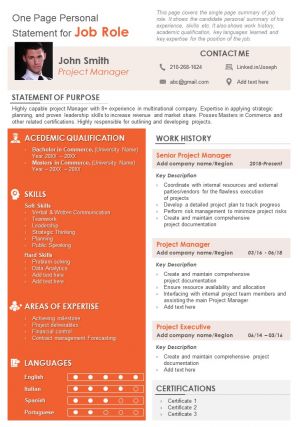 One page personal statement for job role presentation report infographic ppt pdf document