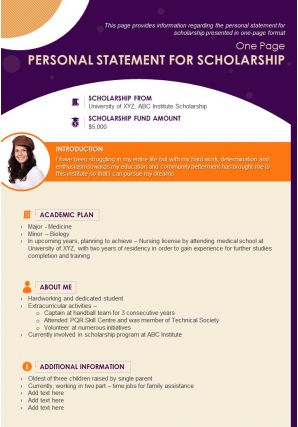 One page personal statement for scholarship presentation report infographic ppt pdf document