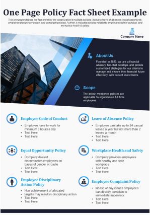 One page policy fact sheet example presentation report infographic ppt pdf document