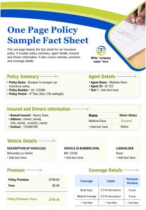 One page policy sample fact sheet presentation report infographic ppt pdf document