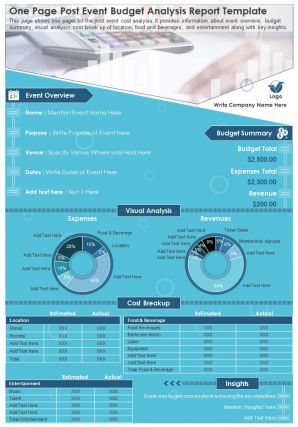 One page post event budget analysis report template presentation report infographic ppt pdf document