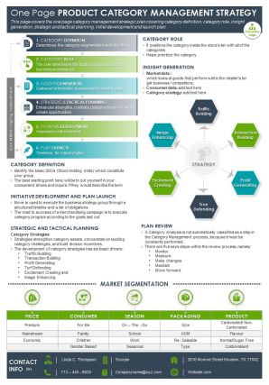 One page product category management strategy presentation report infographic ppt pdf document