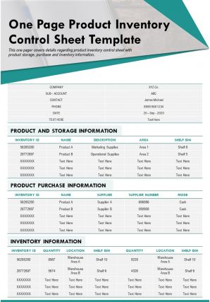 One page product inventory control sheet template presentation report infographic ppt pdf document