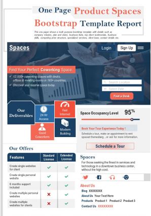 One page product spaces bootstrap template report presentation report ppt pdf document