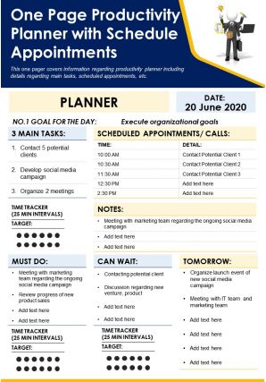 One page productivity planner with schedule appointments presentation report infographic ppt pdf document