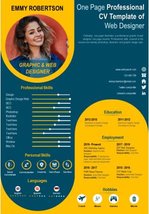 One page professional cv template of web designer presentation report infographic ppt pdf document