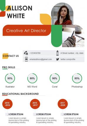 One Page Professional Resume For Creative Art Director Presentation Report Infographic Ppt Pdf Document