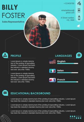 One Page Professional Resume For Sales Representative Presentation Report Infographic Ppt Pdf Document