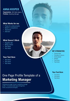 One page profile template of a marketing manager presentation report infographic ppt pdf document