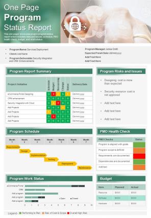 One Page Program Status Report Presentation Infographic Ppt Pdf Document