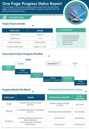 One page progress status report presentation infographic ppt pdf document