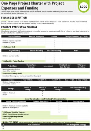 One page project charter with project expenses and funding presentation report infographic ppt pdf document