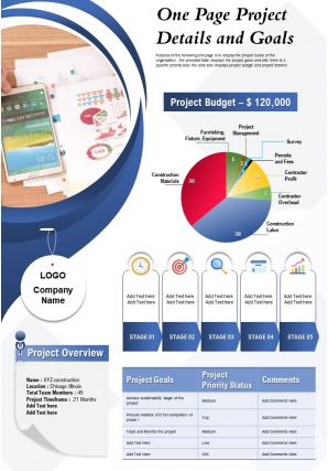 One page project details and goals presentation report infographic ppt pdf document
