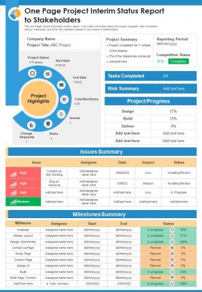 One Page Project Interim Status Report To Stakeholders Presentation Report Infographic Ppt Pdf Document