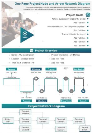 One page project node and arrow network diagram presentation report infographic ppt pdf document