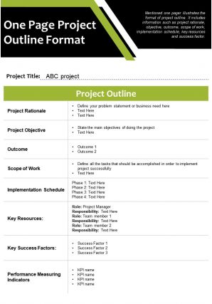 One page project outline format presentation report infographic ppt pdf document
