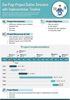 One page project outline structure with implementation timeline report ppt pdf document