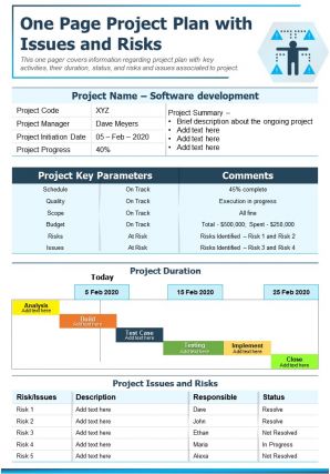 One page project plan with issues and risks presentation report infographic ppt pdf document