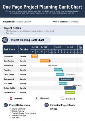 One page project planning gantt chart presentation report infographic ppt pdf document