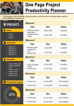 One page project productivity planner presentation report infographic ppt pdf document