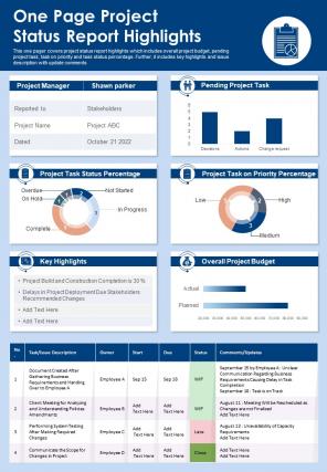 One Page Project Status Report Highlights Presentation Report Infographic PPT PDF Document