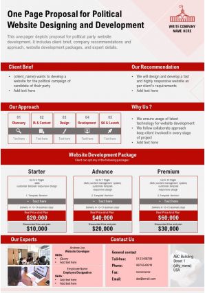 One page proposal for political website designing and development report infographic ppt pdf document